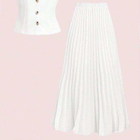 White Boho Women's Summer Elegant Collared Vest With Pleated Skirt - Picture 4 of 5
